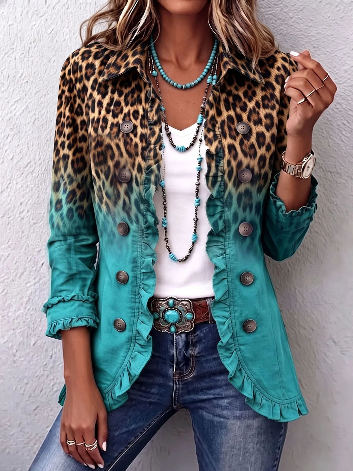 Lyra | Chaqueta Leopardada Vintage Degradada con Volantes